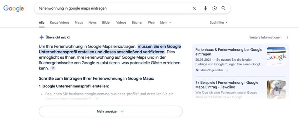 Website im Google AI Overview